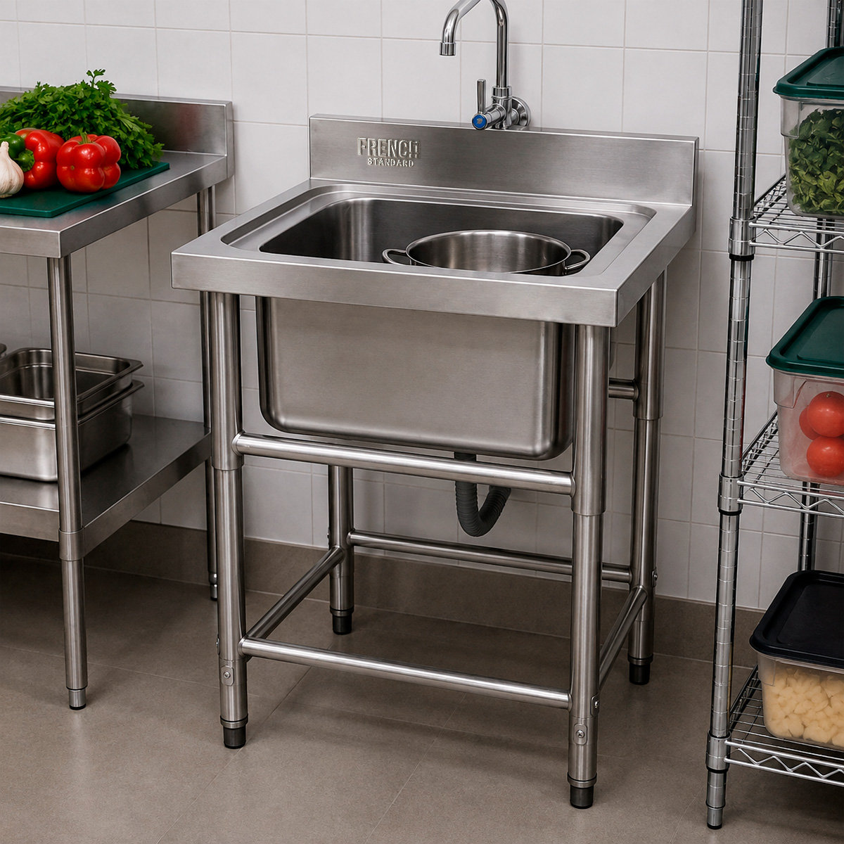 MESÓN 100% ACERO INOXIDABLE CON LAVAFONDOS 60x60x85cm FRENCH STANDARD RAC CHILE