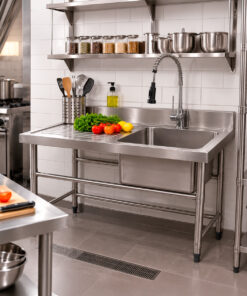 MESÓN 100% ACERO INOXIDABLE CON UN LAVAFONDOS EN EL LADO DERECHO 120x60x85cm FRENCH STANDARD RAC CHILE